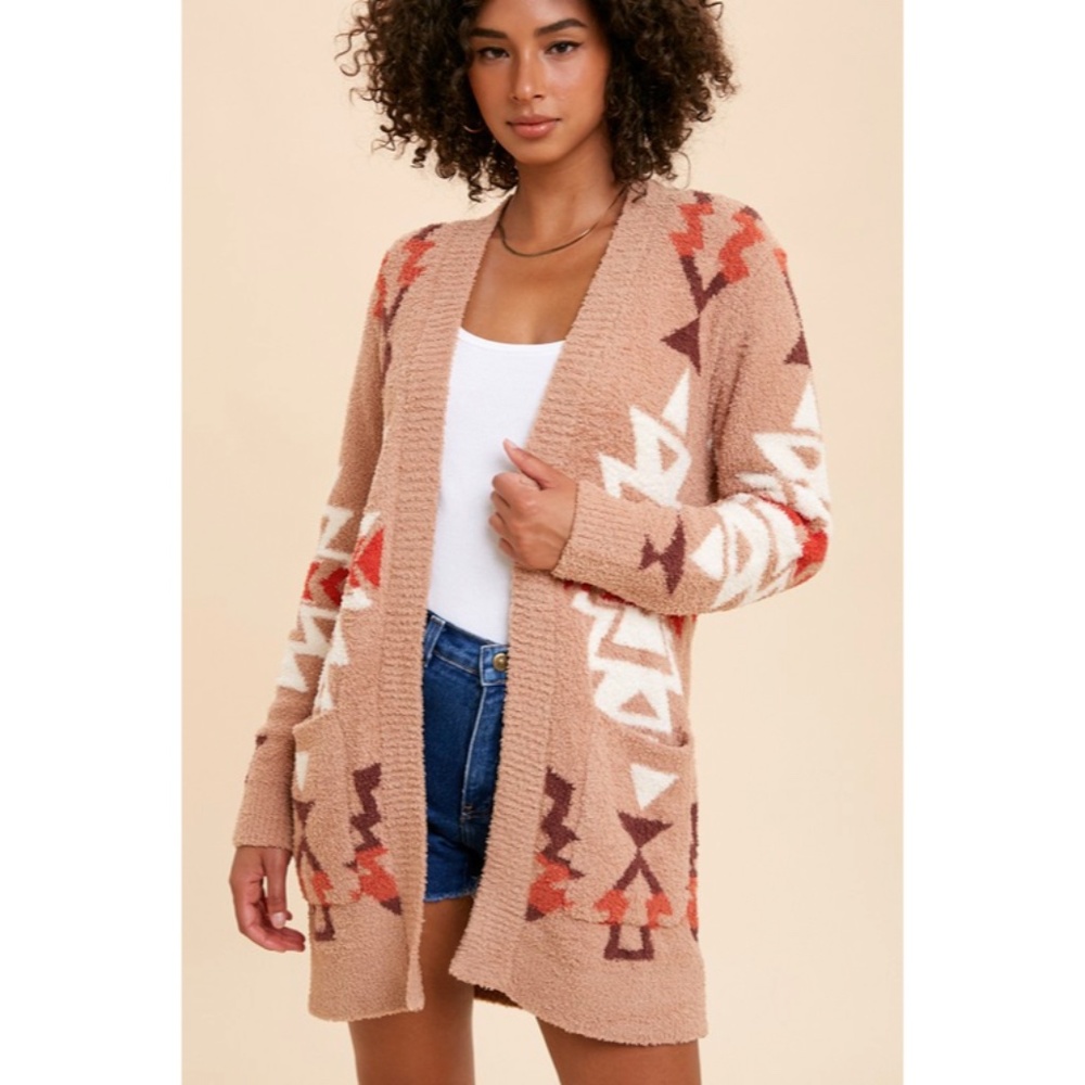 SOLD OUT Sand Multi Color Aztec Tribal Fuzzy Soft Knit Cardigan Sweater - Picture 5 of 11